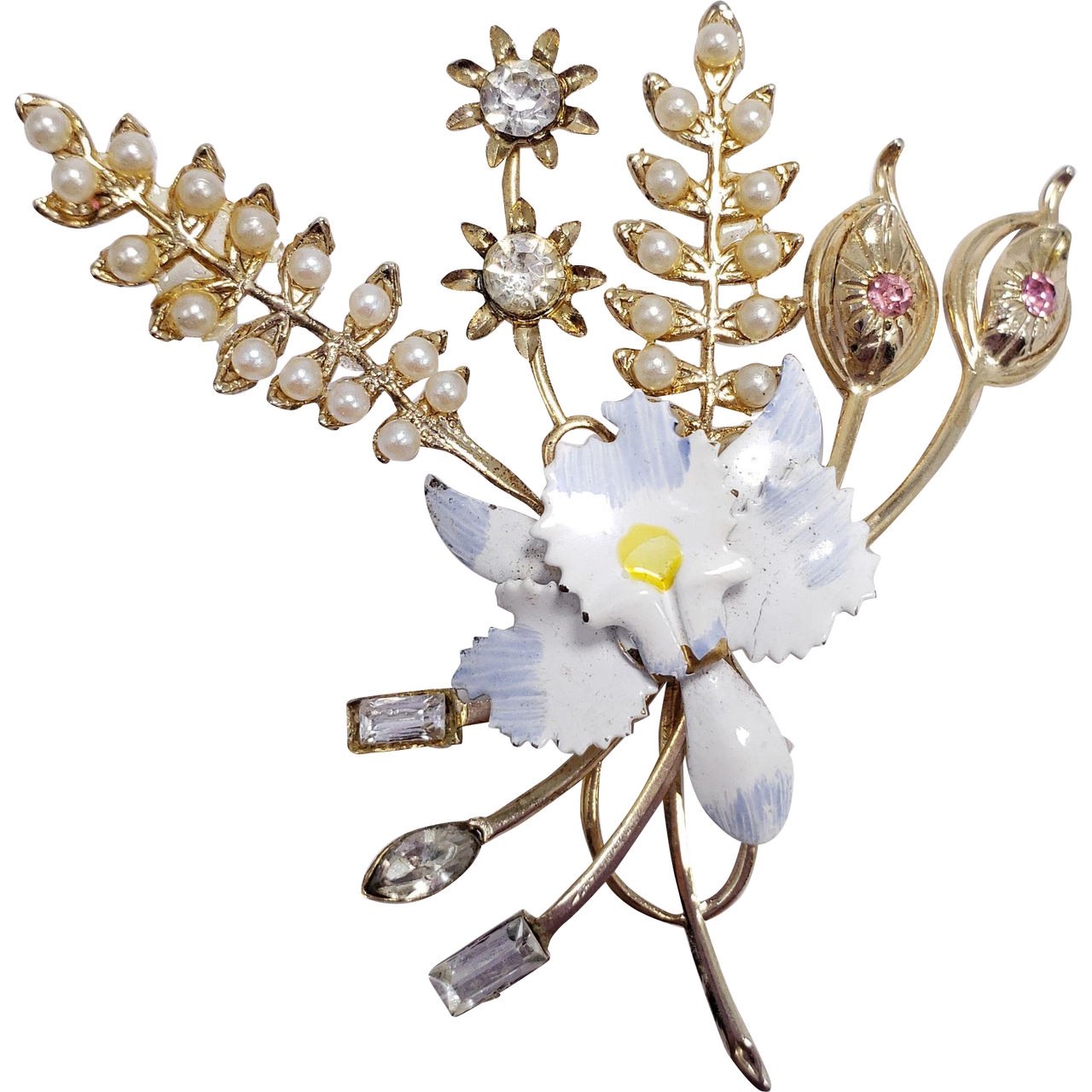 Gold Tone Flower Bouquet Cluster Pin Brooch with Faux Pearl, Crystal, and Painted White and Blue Enamel