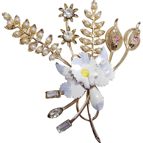 Gold Tone Flower Bouquet Cluster Pin Brooch with Faux Pearl, Crystal, and Painted White and Blue Enamel