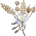 Gold Tone Flower Bouquet Cluster Pin Brooch with Faux Pearl, Crystal, and Painted White and Blue Enamel