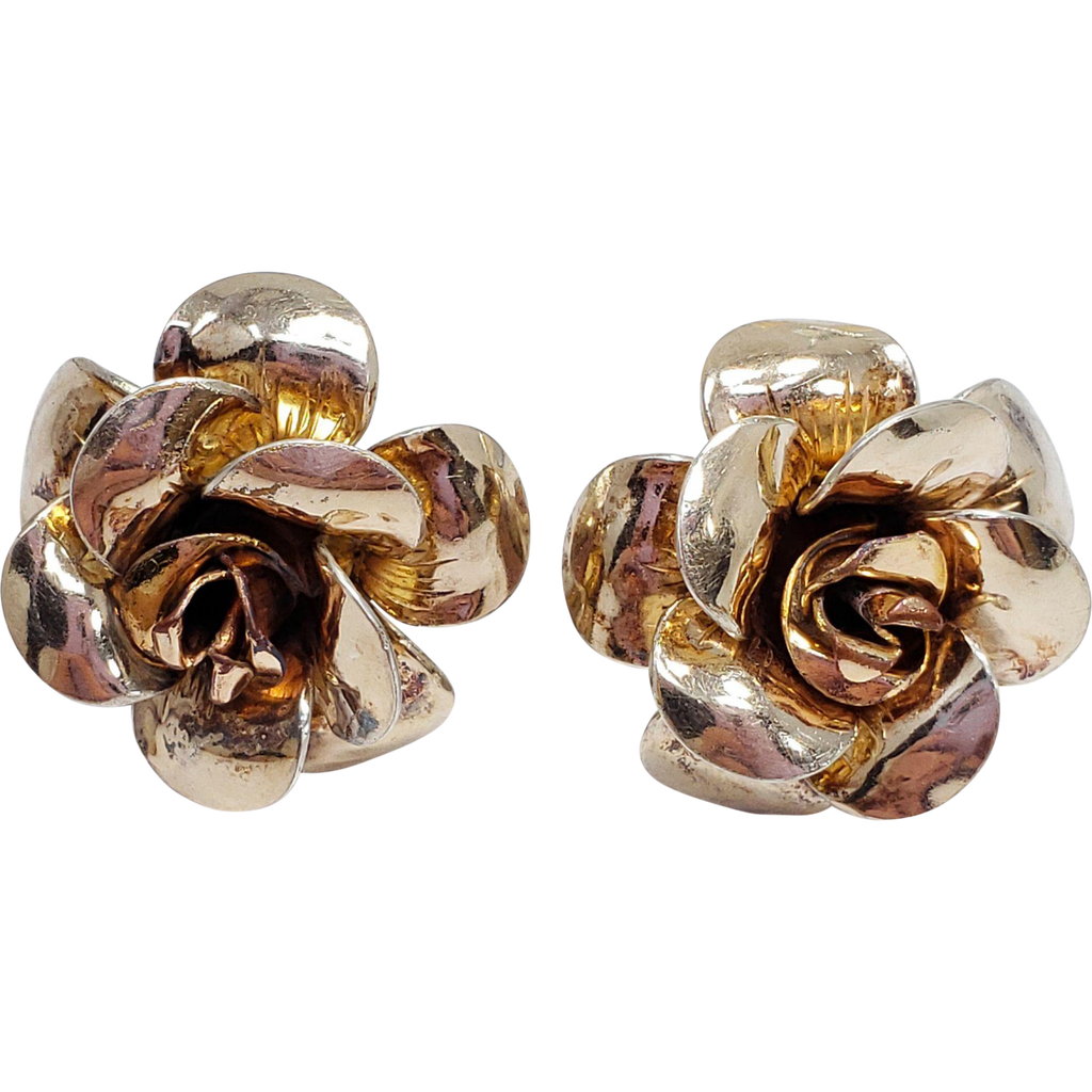 Bold Gold Tone Blooming Rose Flower Earrings