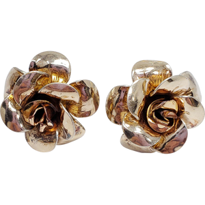 Bold Gold Tone Blooming Rose Flower Earrings