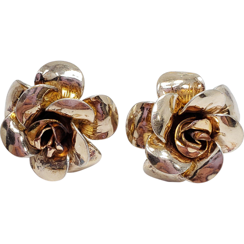 Bold Gold Tone Blooming Rose Flower Earrings