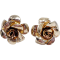 Bold Gold Tone Blooming Rose Flower Earrings