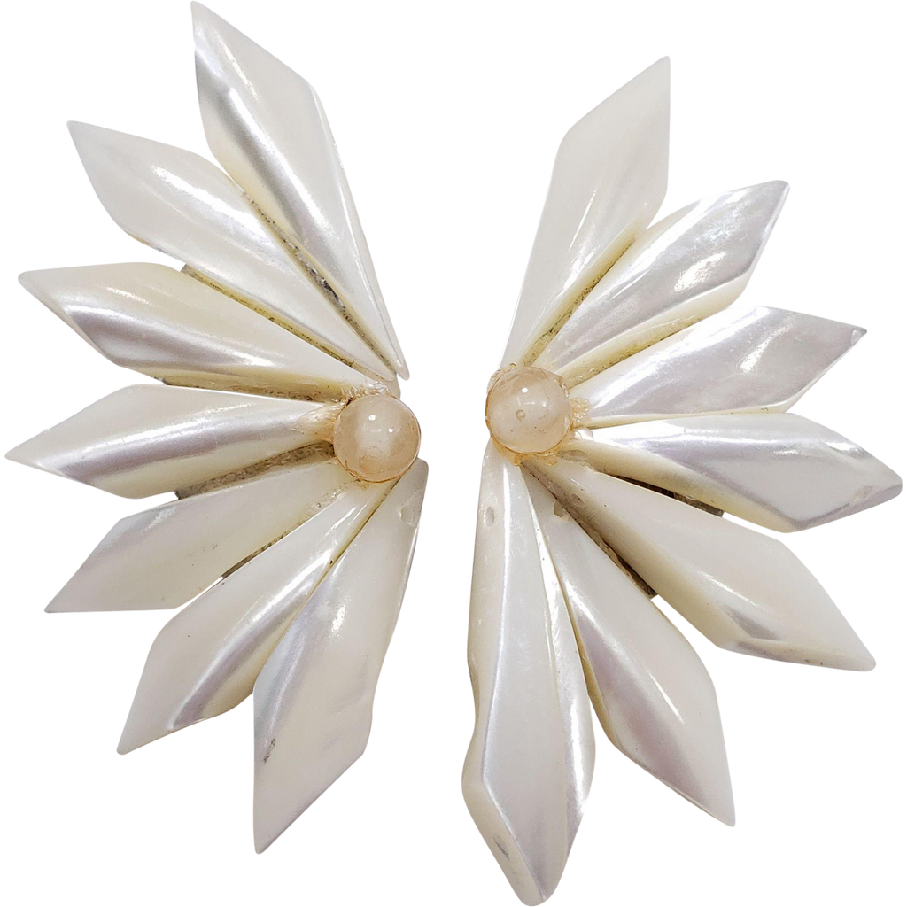 Japan Mother of Pearl Geometric Segmented Clip on Earrings in Gold Tone
