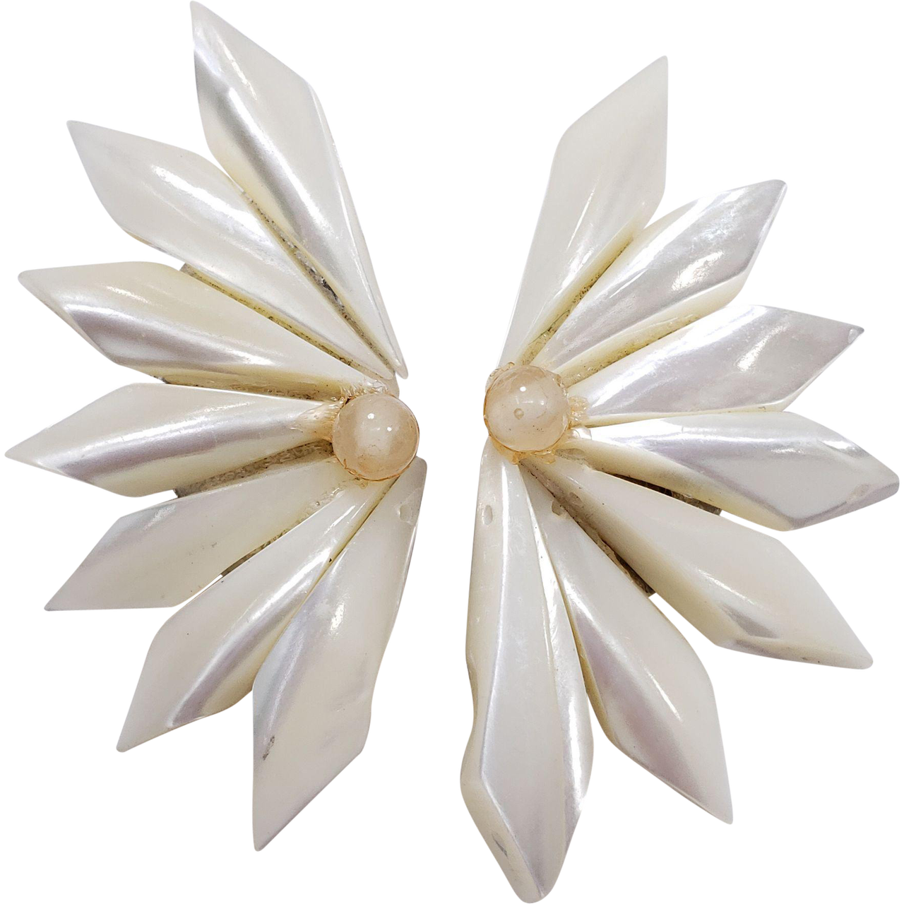 Japan Mother of Pearl Geometric Segmented Clip on Earrings in Gold Tone