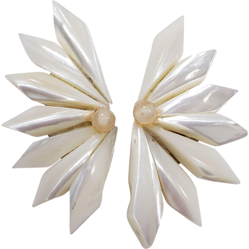 Japan Mother of Pearl Geometric Segmented Clip on Earrings in Gold Tone