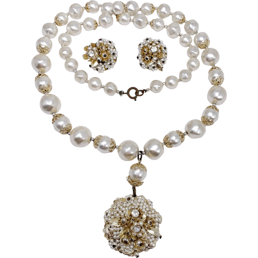 Japan Graduated Faux Pearl Necklace and Cluster Clip On Earrings, Flowers, Crystals