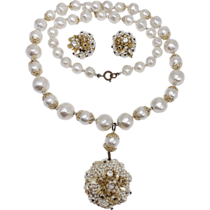 Japan Graduated Faux Pearl Necklace and Cluster Clip On Earrings, Flowers, Crystals