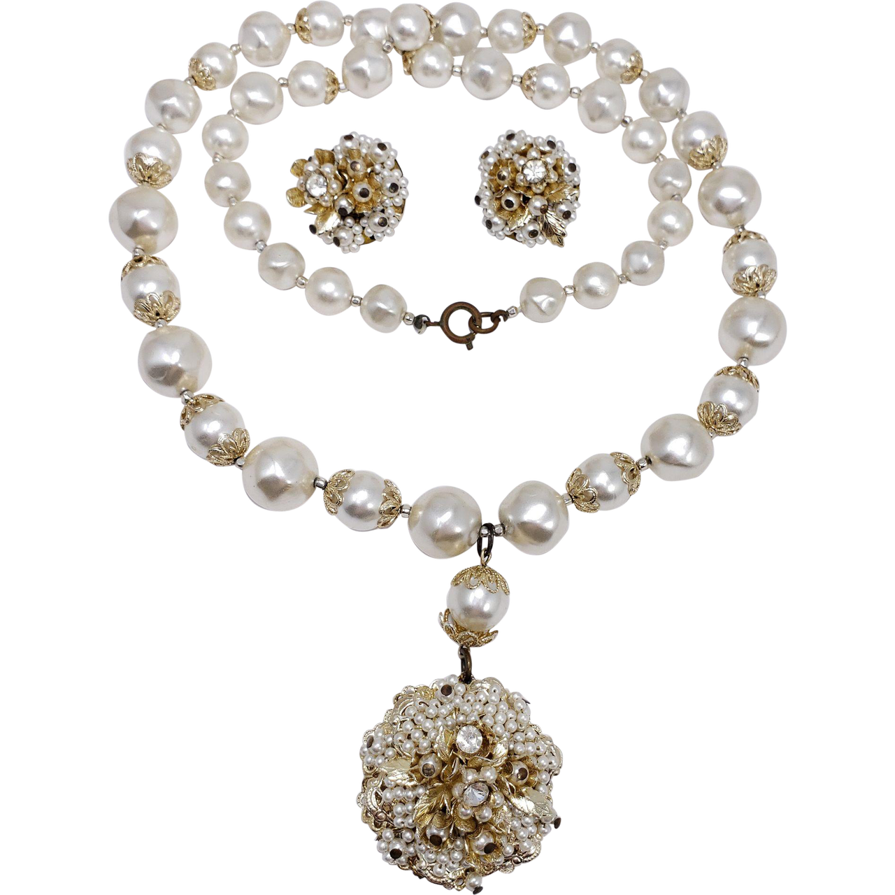 Japan Graduated Faux Pearl Necklace and Cluster Clip On Earrings, Flowers, Crystals