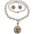 Japan Graduated Faux Pearl Necklace and Cluster Clip On Earrings, Flowers, Crystals