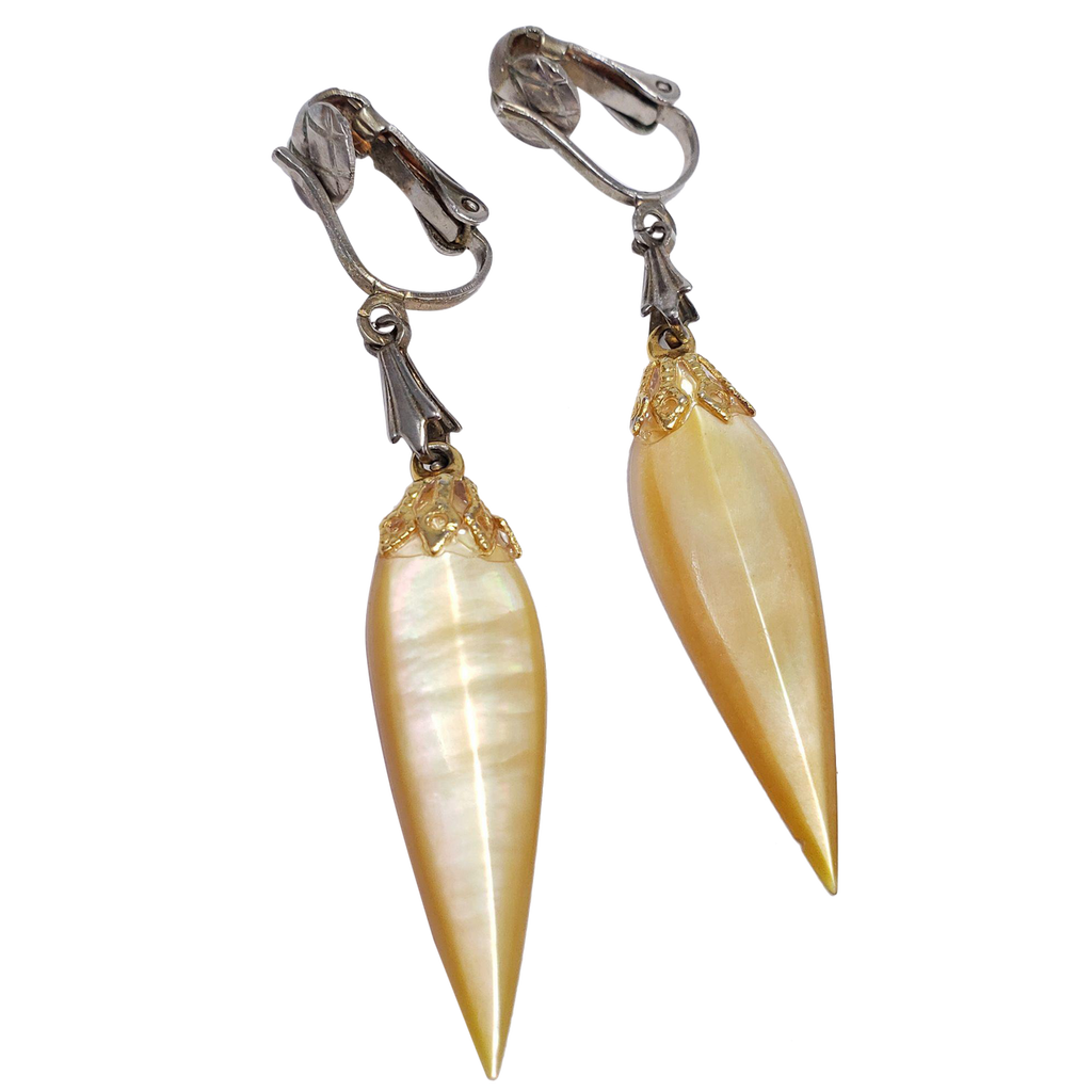 Dangling Clip On Earrings with Pointed Faceted Translucent Yellow Resin Accents