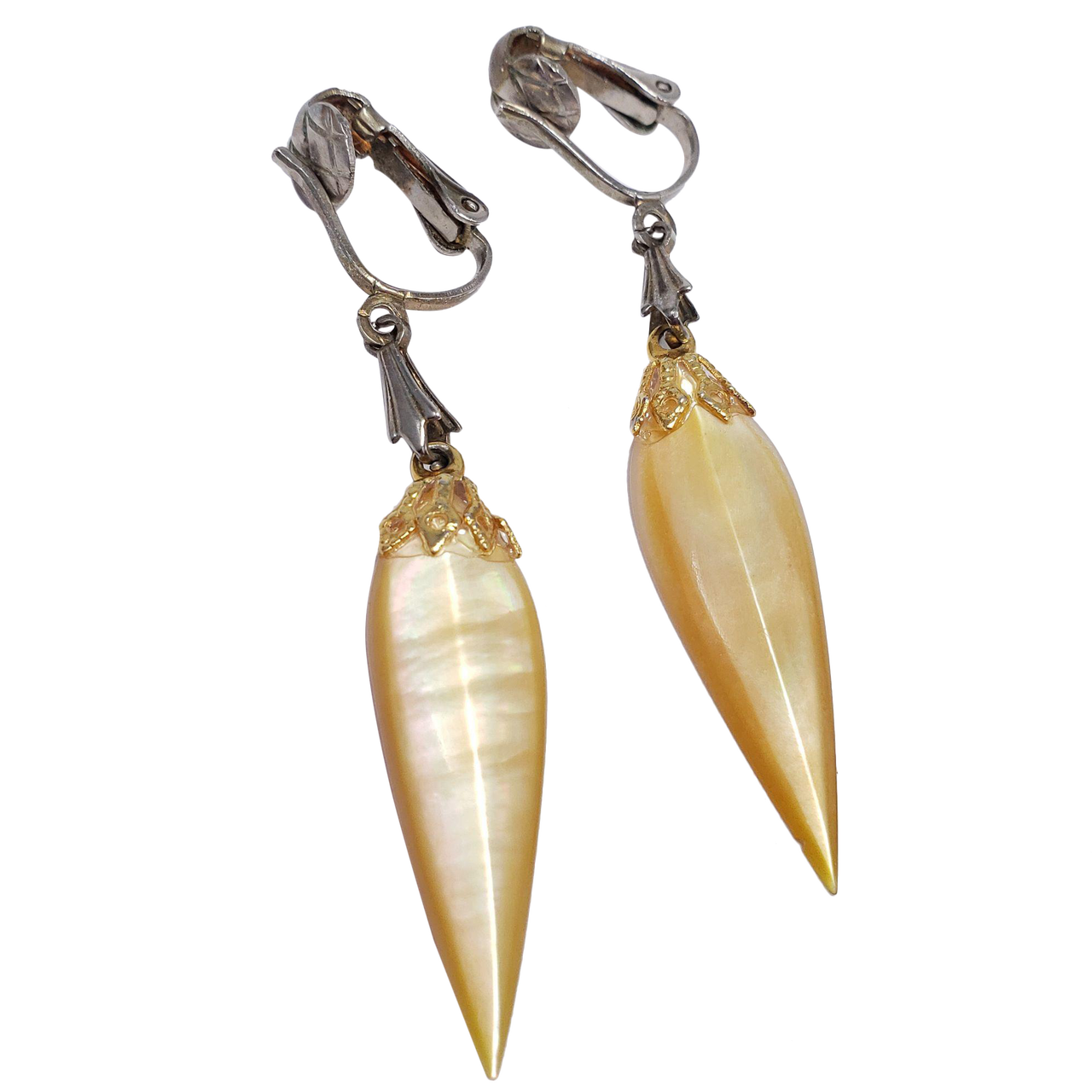 Dangling Clip On Earrings with Pointed Faceted Translucent Yellow Resin Accents