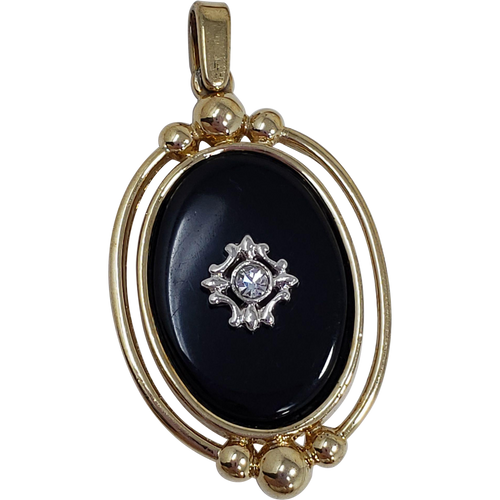 Two Sided Reversible Pendant Black and Gold-tone With Crystal Accents and Raised Metal Designs
