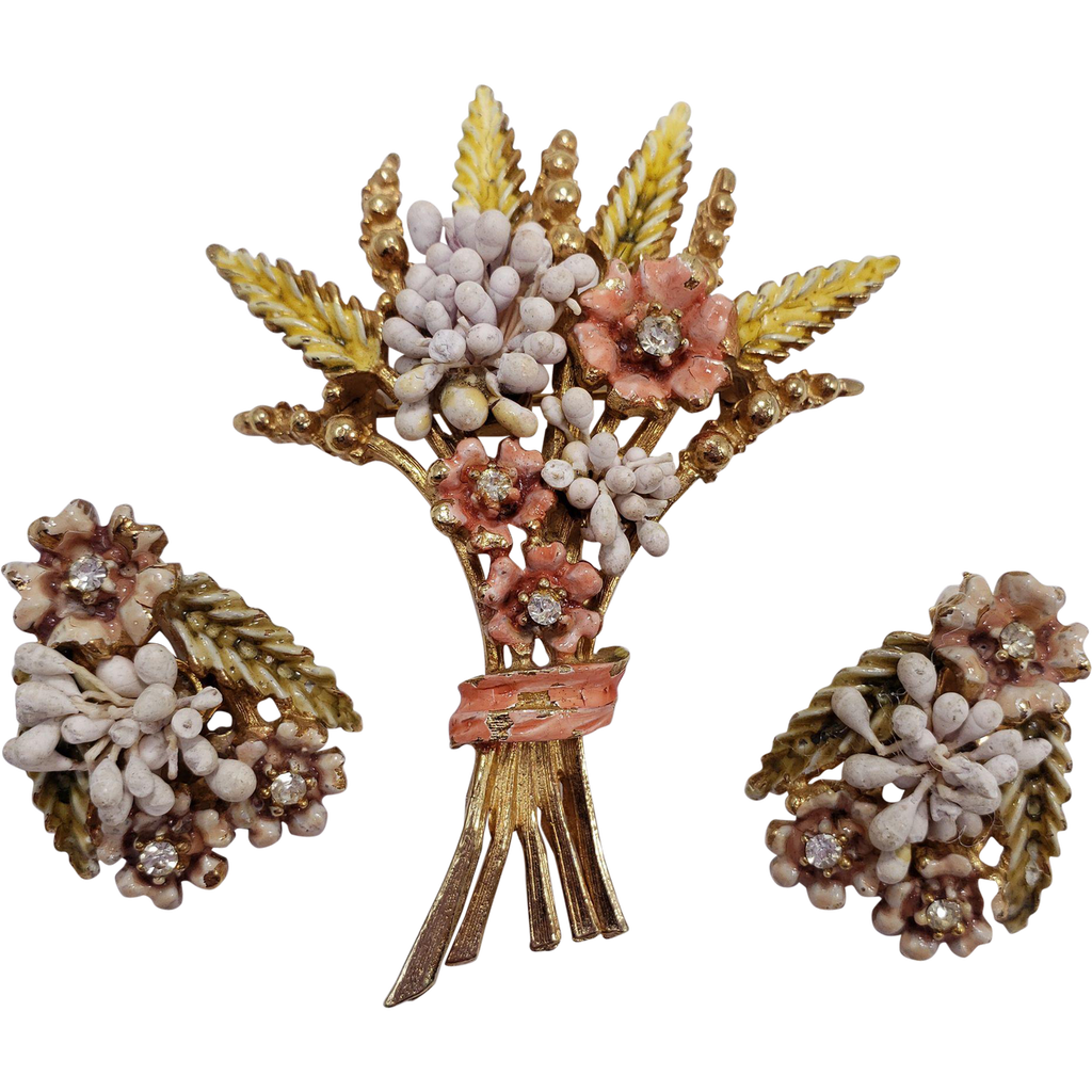 Florenza Harvest Stalk and Flower Bouquet Pin Brooch and Clip On Earrings, Enamel and Crystals