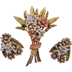 Florenza Harvest Stalk and Flower Bouquet Pin Brooch and Clip On Earrings, Enamel and Crystals