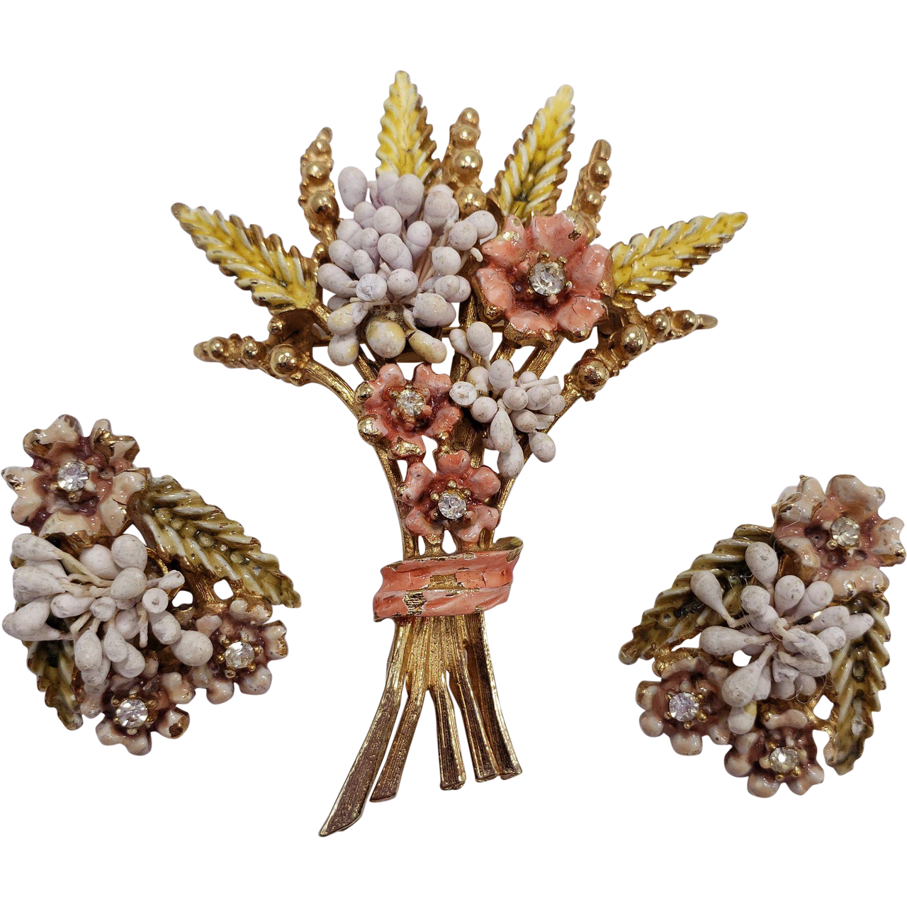 Florenza Harvest Stalk and Flower Bouquet Pin Brooch and Clip On Earrings, Enamel and Crystals