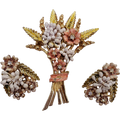 Florenza Harvest Stalk and Flower Bouquet Pin Brooch and Clip On Earrings, Enamel and Crystals