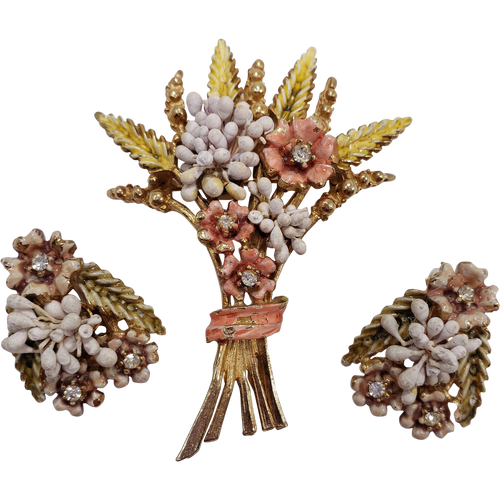 Florenza Harvest Stalk and Flower Bouquet Pin Brooch and Clip On Earrings, Enamel and Crystals