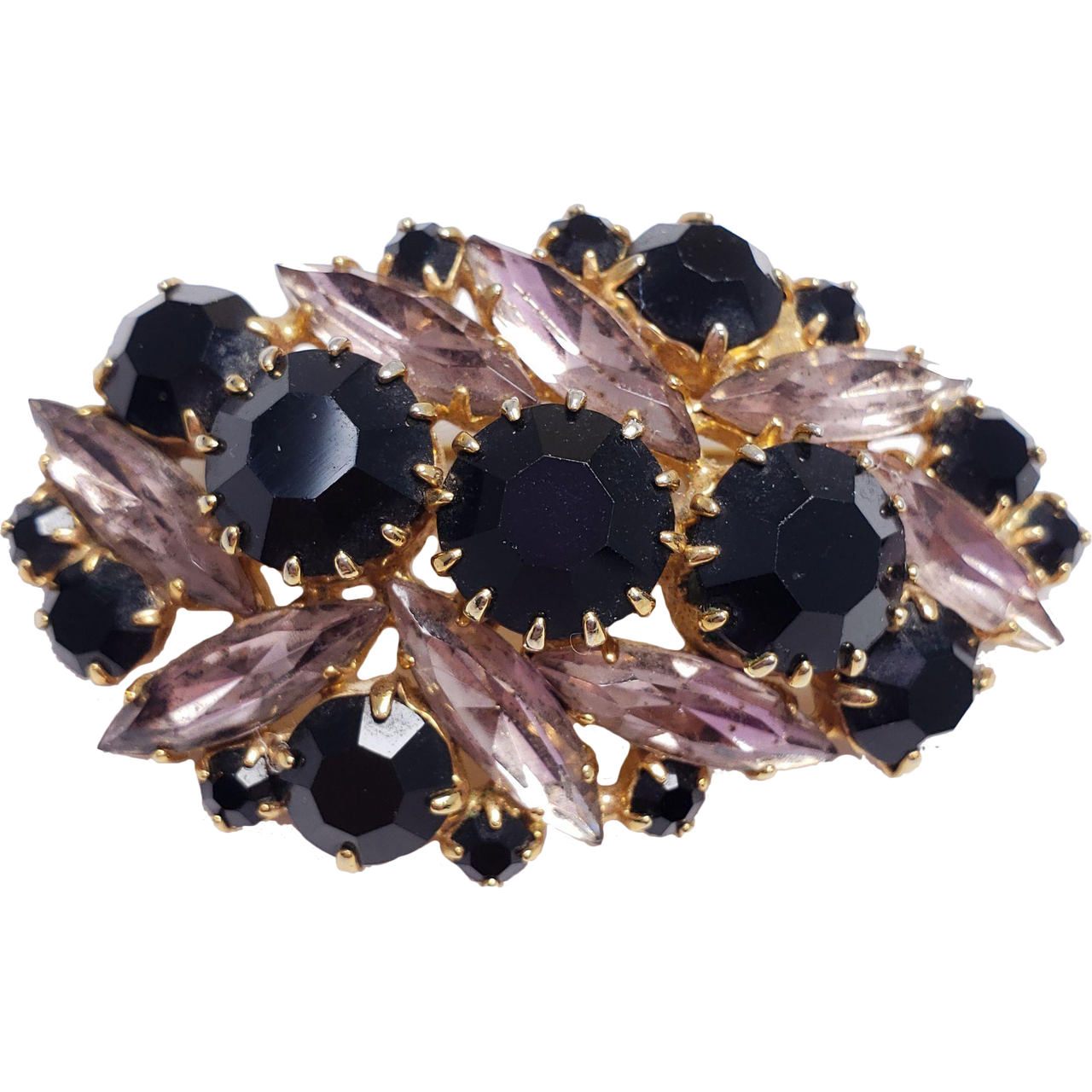 Rose and Jet Colored Prong Set Crystal Cluster Pin Brooch in Gold Tone