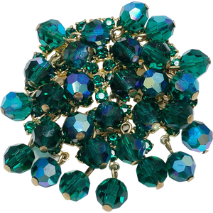 Dangling Teal Green Aurora Borealis Crystal Cluster Pin Brooch in Goldtone