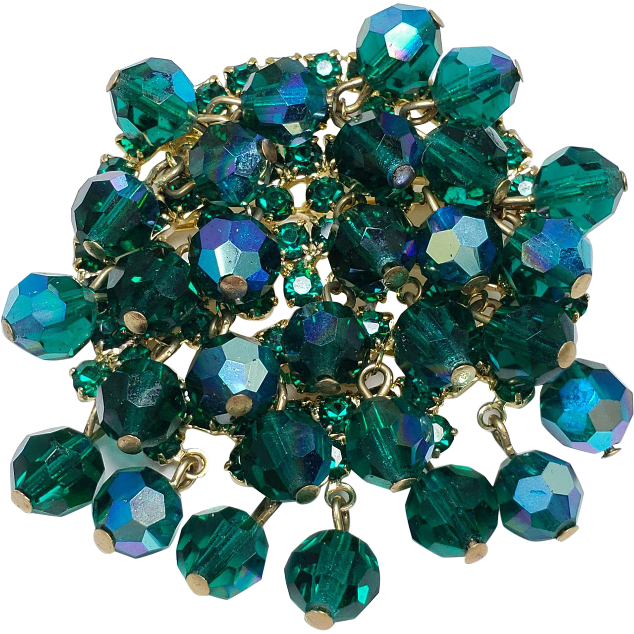 Dangling Teal Green Aurora Borealis Crystal Cluster Pin Brooch in Goldtone
