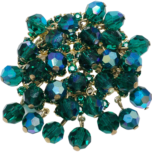 Dangling Teal Green Aurora Borealis Crystal Cluster Pin Brooch in Goldtone