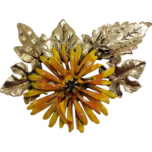 Painted Enamel Flower and and Leaf Pin Brooch in Yellow Goldtone