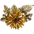 Painted Enamel Flower and and Leaf Pin Brooch in Yellow Goldtone