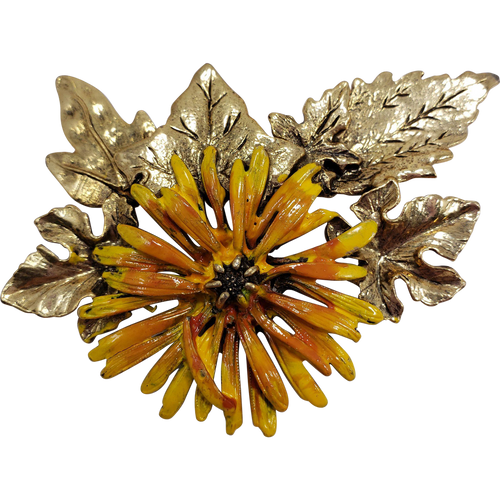 Painted Enamel Flower and and Leaf Pin Brooch in Yellow Goldtone