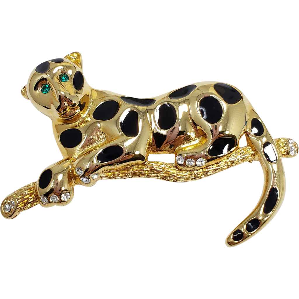 Lounging Leopard on Branch, Black Enamel and White and Green Crystals in Gold Tone