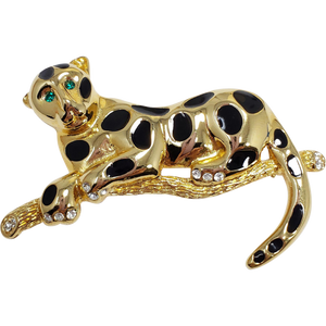 Lounging Leopard on Branch, Black Enamel and White and Green Crystals in Gold Tone