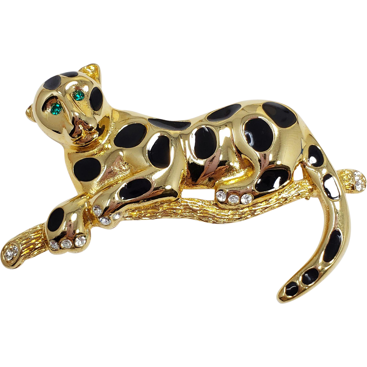 Lounging Leopard on Branch, Black Enamel and White and Green Crystals in Gold Tone