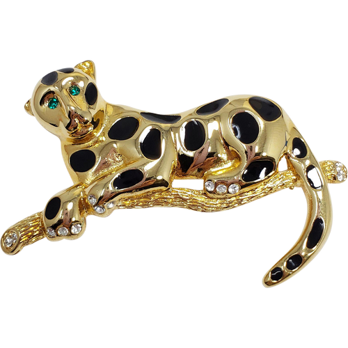 Lounging Leopard on Branch, Black Enamel and White and Green Crystals in Gold Tone