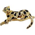 Lounging Leopard on Branch, Black Enamel and White and Green Crystals in Gold Tone