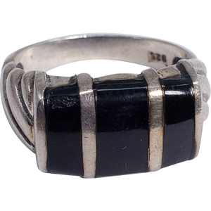 Sterling Silver Accented Statement Ring with Black Gemstone, Size US 7.5