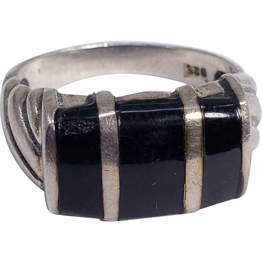 Sterling Silver Accented Statement Ring with Black Gemstone, Size US 7.5