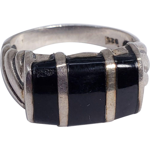 Sterling Silver Accented Statement Ring with Black Gemstone, Size US 7.5