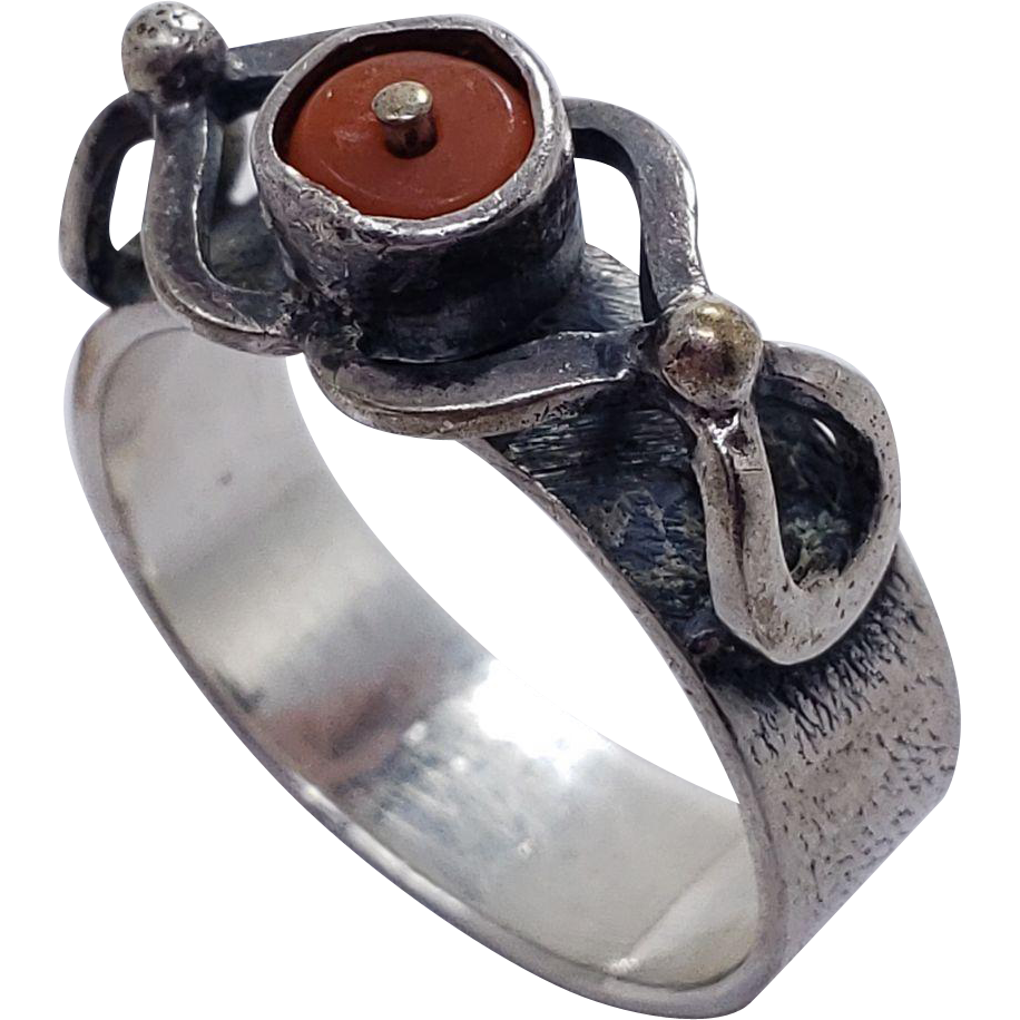 Native American Decorative Sterling Silver and Orange Coral Ring, US Size 8.75