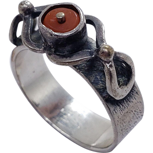 Native American Decorative Sterling Silver and Orange Coral Ring, US Size 8.75