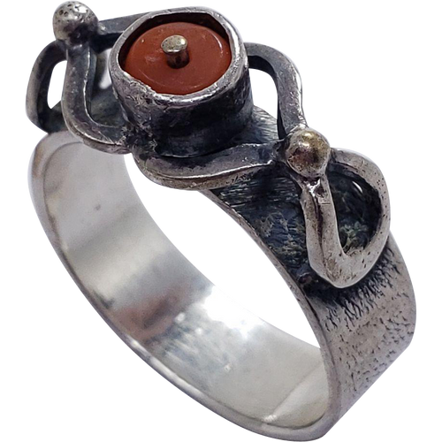 Native American Decorative Sterling Silver and Orange Coral Ring, US Size 8.75