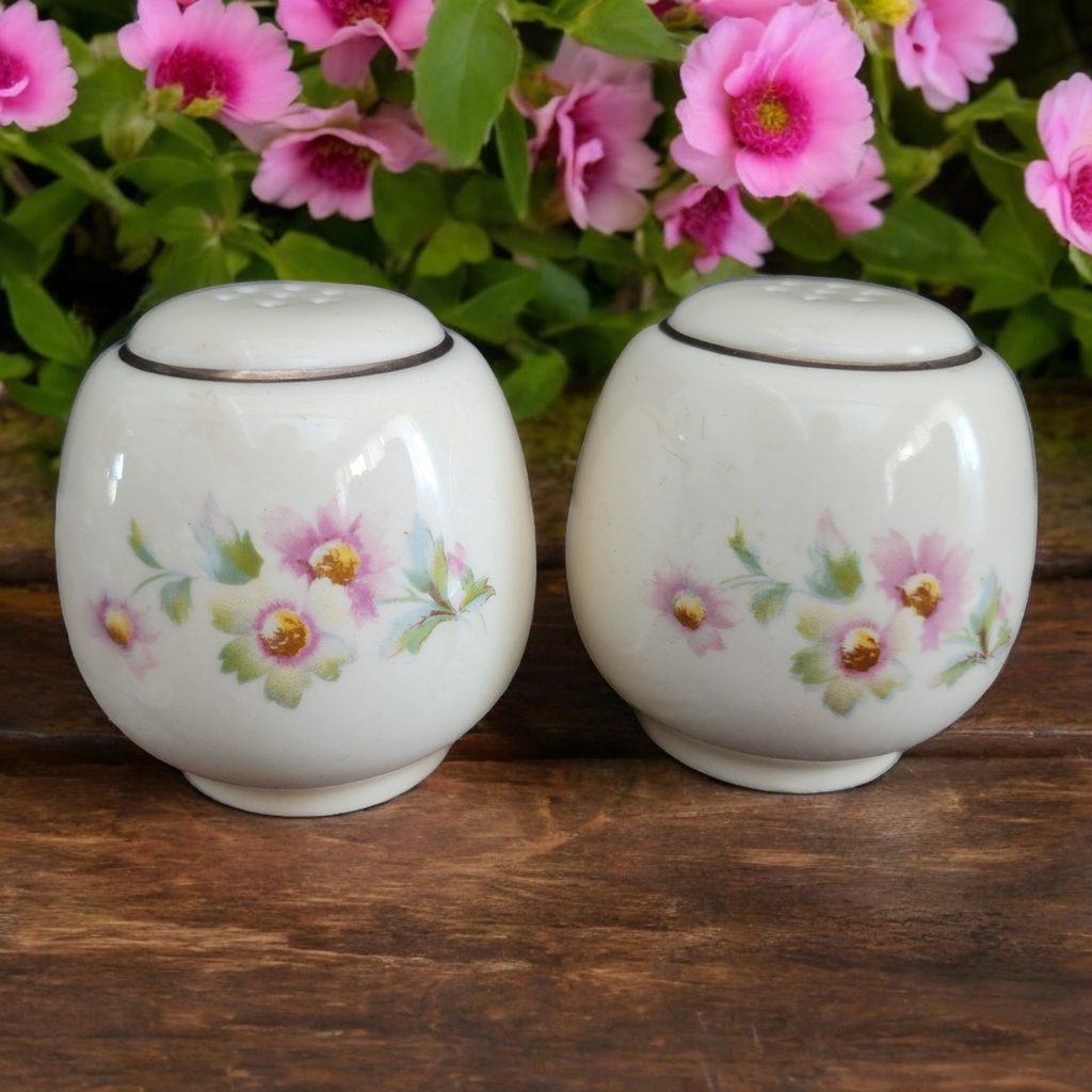 2" Homer Laughlin Fluffy Virginia Rose Pink & White Flowers Salt & Pepper Set