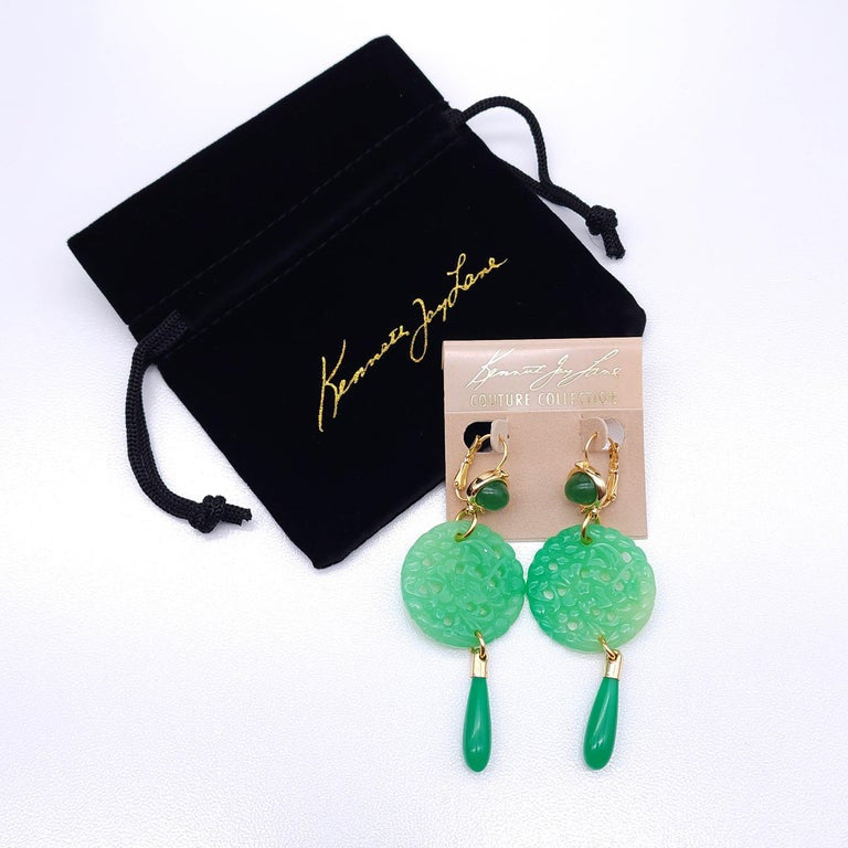 Kenneth Jay Lane Jade Drop Wire Earrings in Gold, Green, Couture Collection