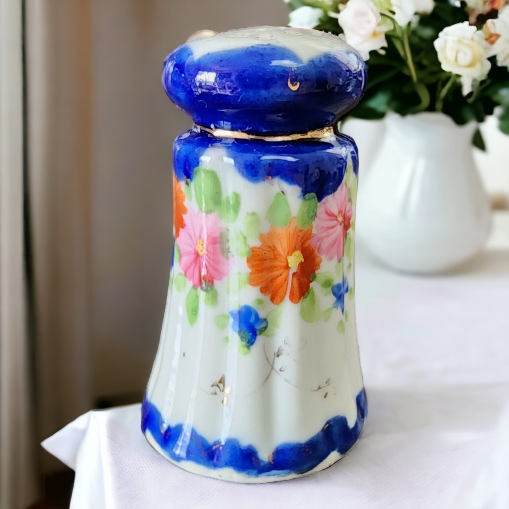 3" Flow Blue Hand Painted Floral Salt or Pepper Shakers Japan