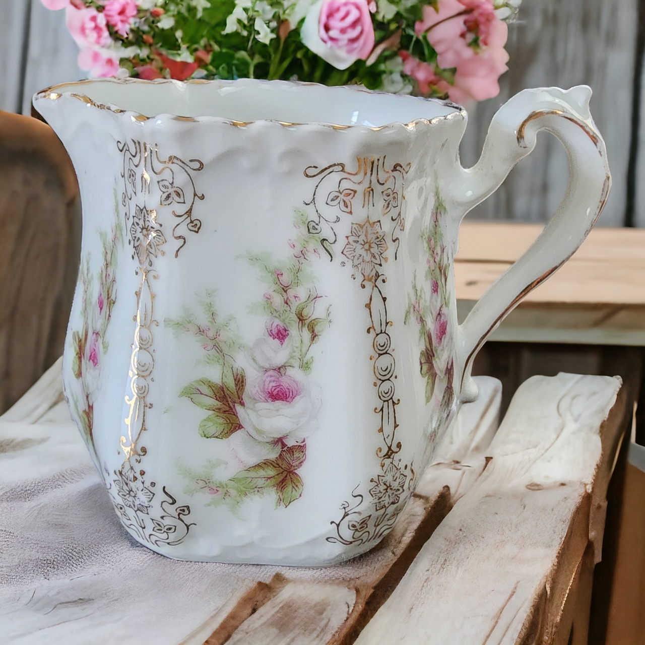 3" Haviland Pink Flowers Green Leaves Creamer Limoges France