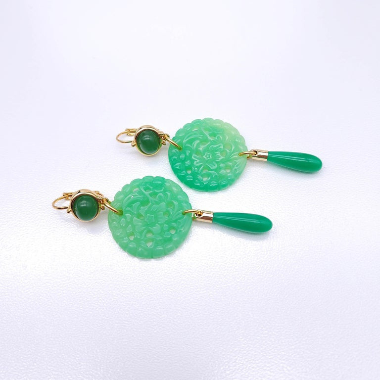 Kenneth Jay Lane Jade Drop Wire Earrings in Gold, Green, Couture Collection