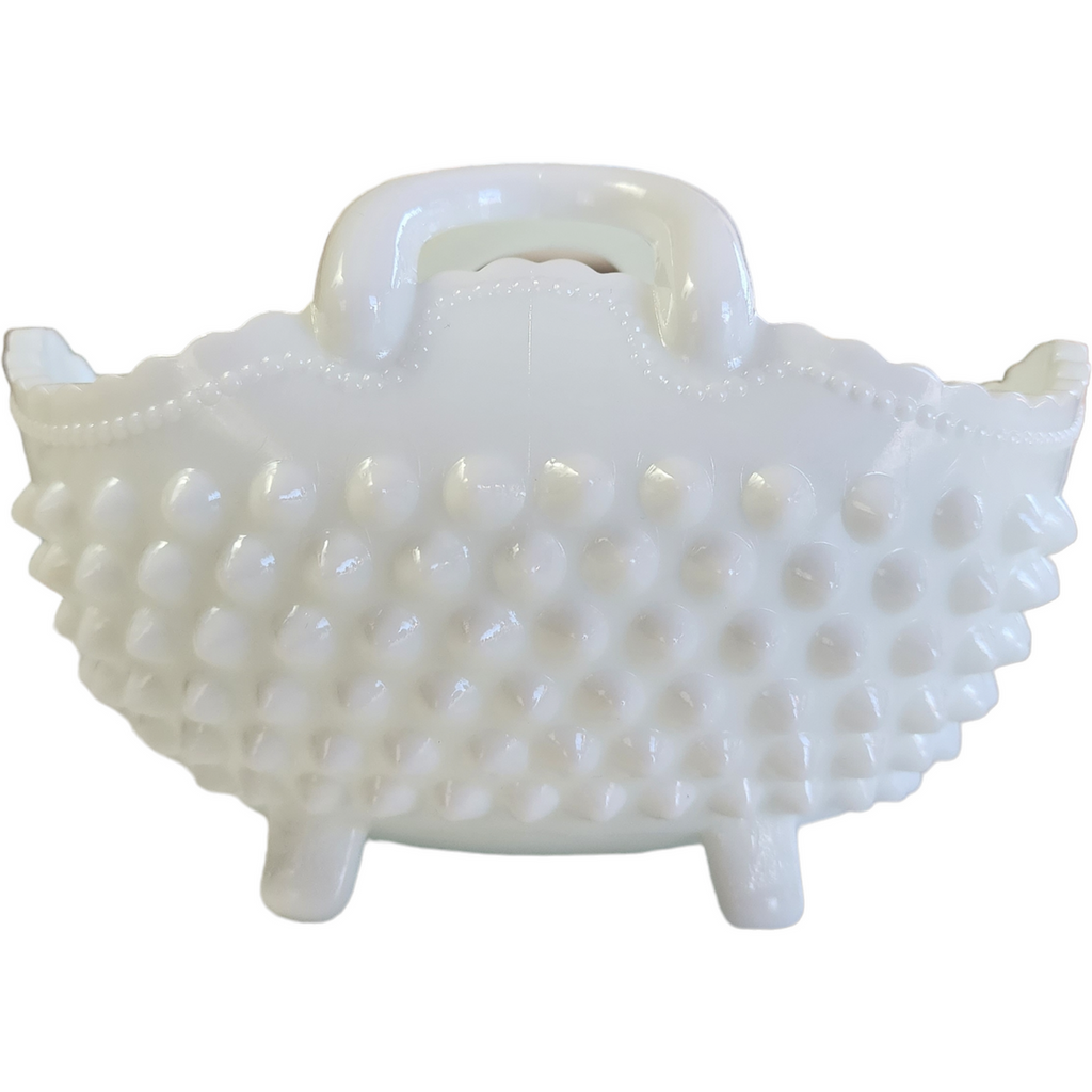 4"Fenton Hobnail Milk Glass Oval Basket #3634