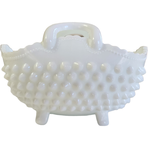 4"Fenton Hobnail Milk Glass Oval Basket #3634