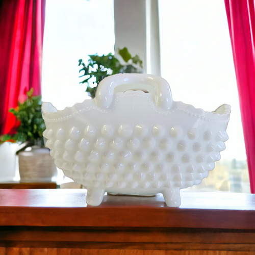 4"Fenton Hobnail Milk Glass Oval Basket #3634