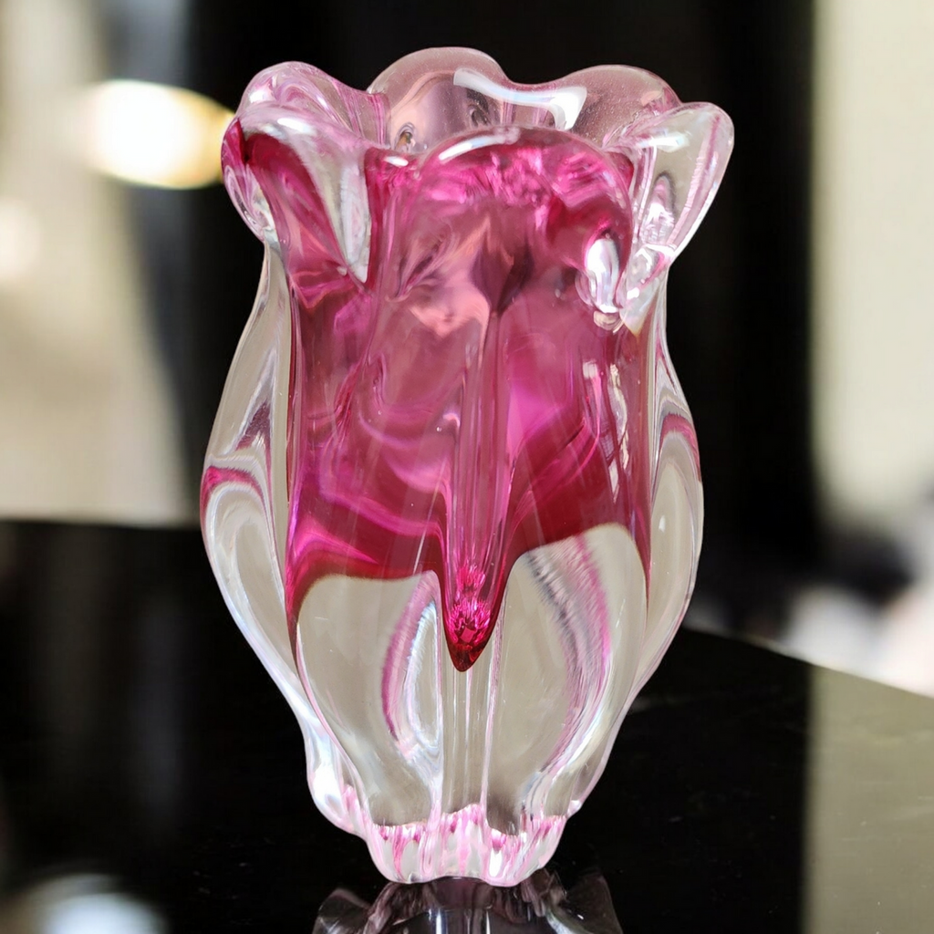 4" Chribska Glassworks Bohemian Art Glass Cranberry Optic Bud Vase