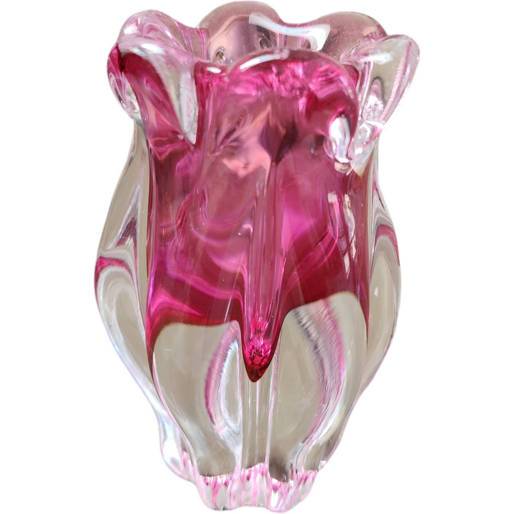 4" Chribska Glassworks Bohemian Art Glass Cranberry Optic Bud Vase
